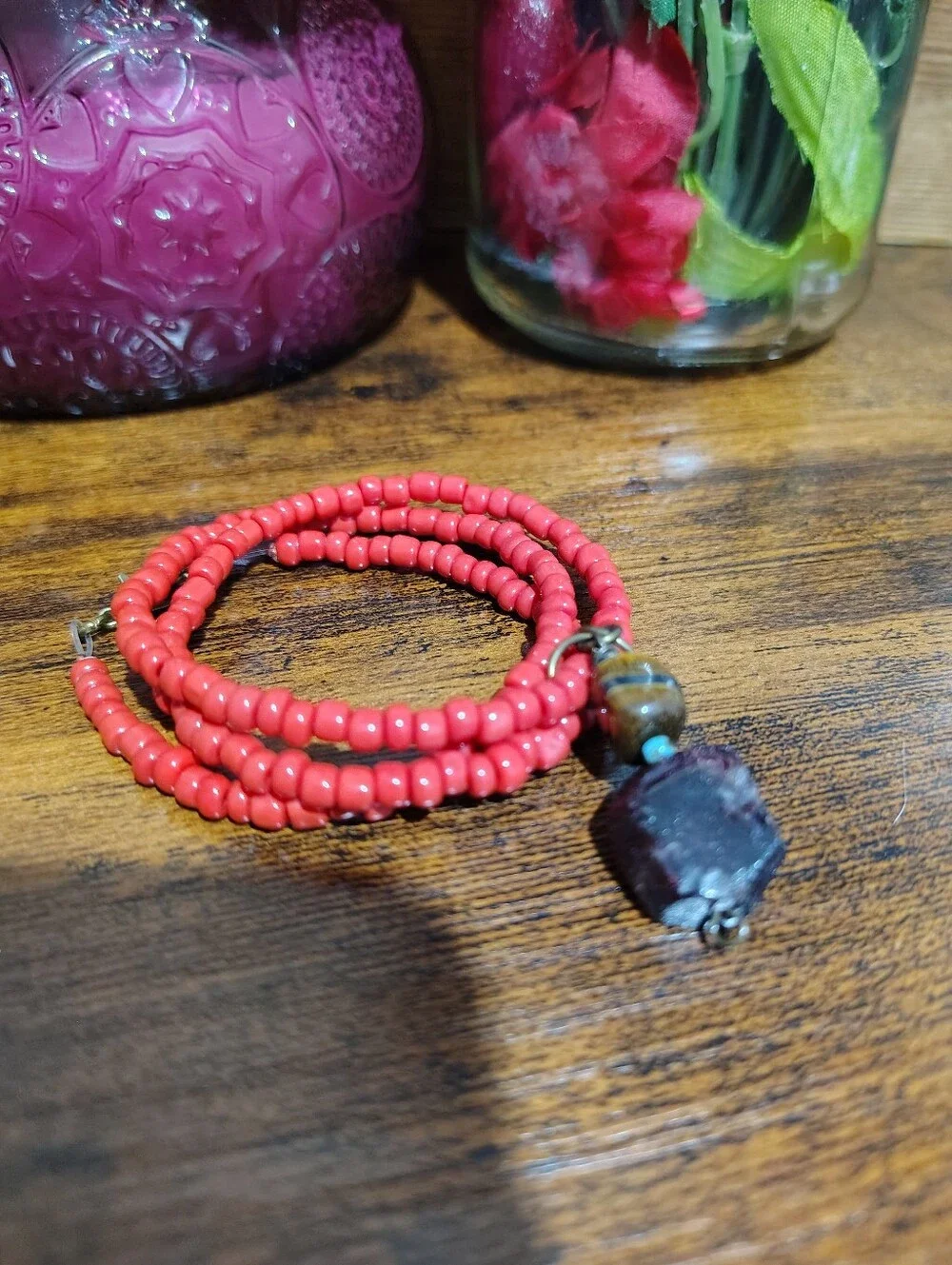Red Beaded Gemstone Pendant Necklace - Men's Necklace